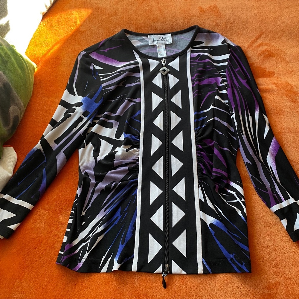 Joseph Ribkoff Black White Purple Blue Zip-Front Printed Blouse